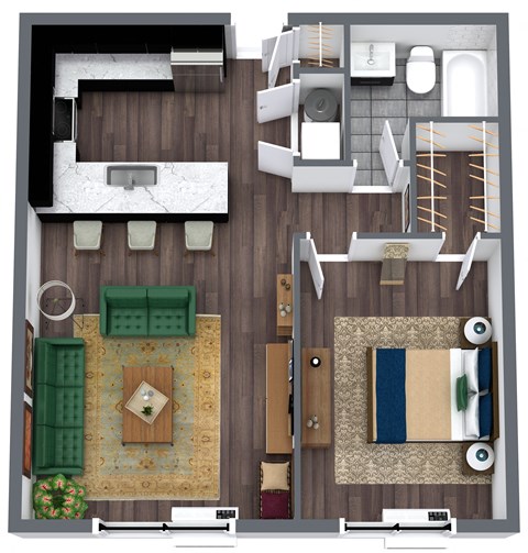 Floor plan for 1 bed, 1 bath, 690 sqft